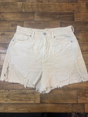 American Eagle Outfitters Cream High-Rise Distressed Denim Shorts